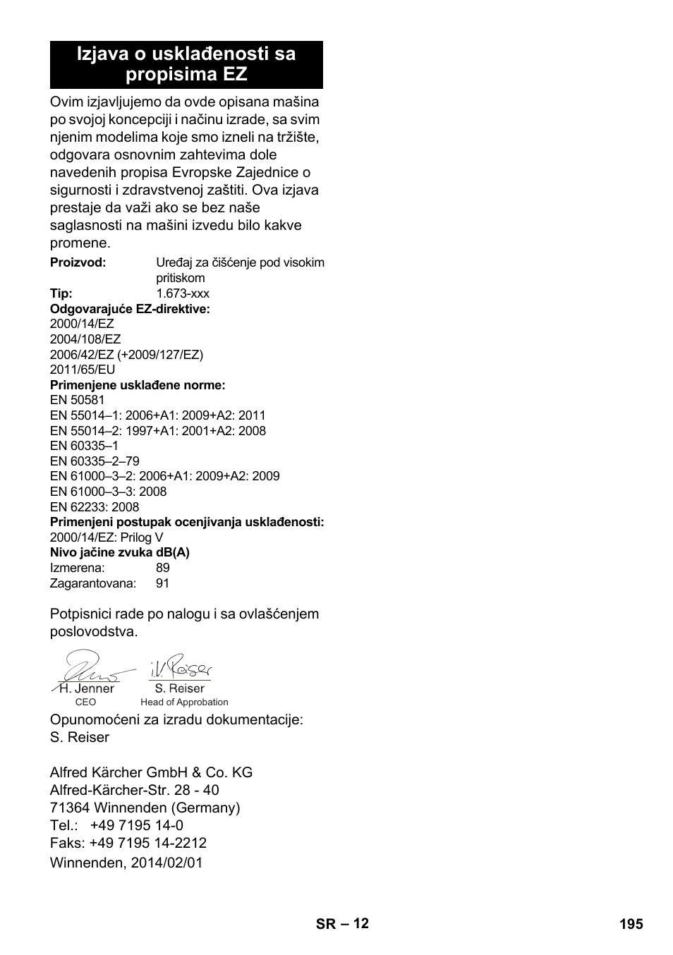 Izjava o usklađenosti sa propisima ez | Karcher K 2 Car User Manual | Page 195 / 252