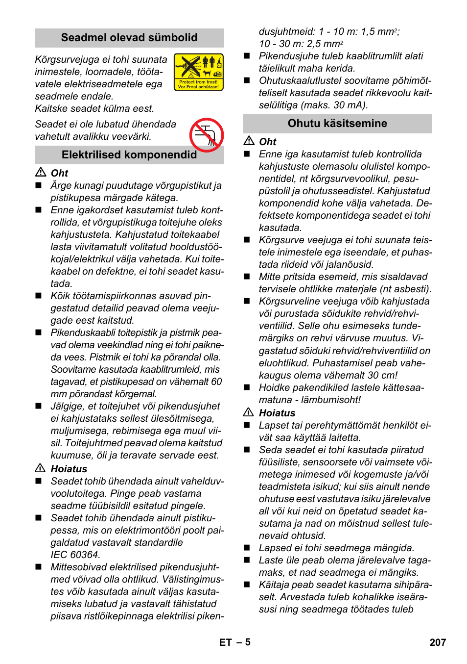 Seadmel olevad sümbolid, Elektrilised komponendid, Ohutu käsitsemine | Karcher K 2 Car User Manual | Page 207 / 252