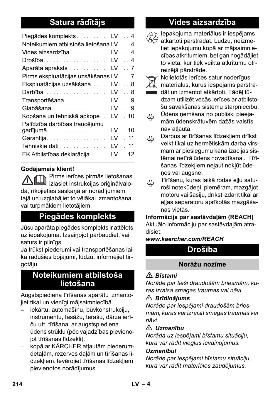 Latviešu, Satura rādītājs, Piegādes komplekts | Noteikumiem atbilstoša lietošana, Vides aizsardzība, Drošība, Norāžu nozīme | Karcher K 2 Car User Manual | Page 214 / 252
