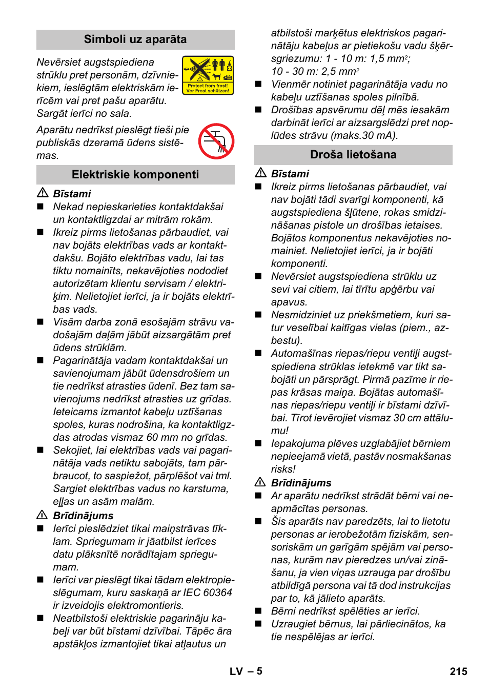 Simboli uz aparāta, Elektriskie komponenti, Droša lietošana | Karcher K 2 Car User Manual | Page 215 / 252