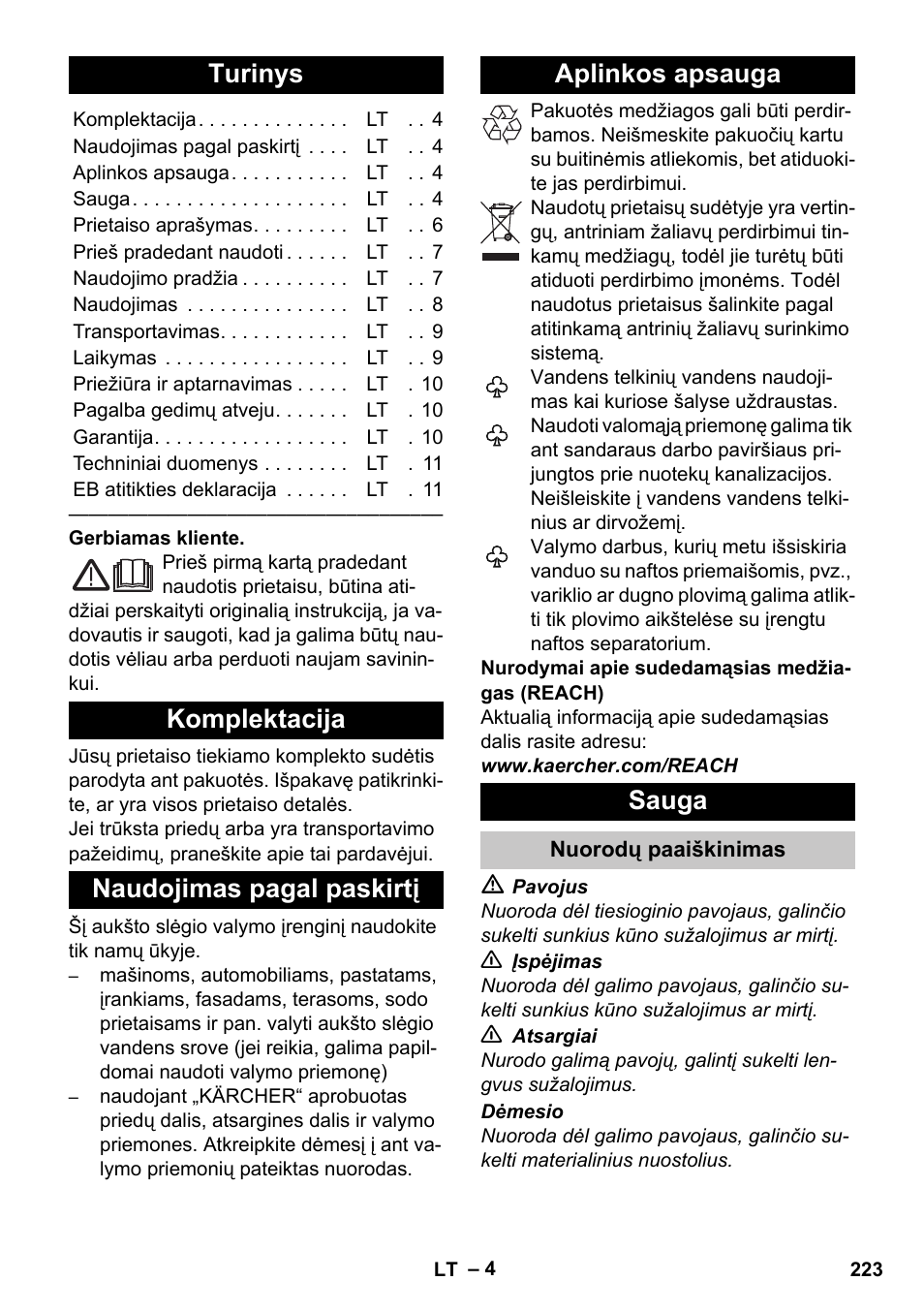 Lietuviškai, Turinys, Komplektacija | Naudojimas pagal paskirtį, Aplinkos apsauga, Sauga, Nuorodų paaiškinimas | Karcher K 2 Car User Manual | Page 223 / 252