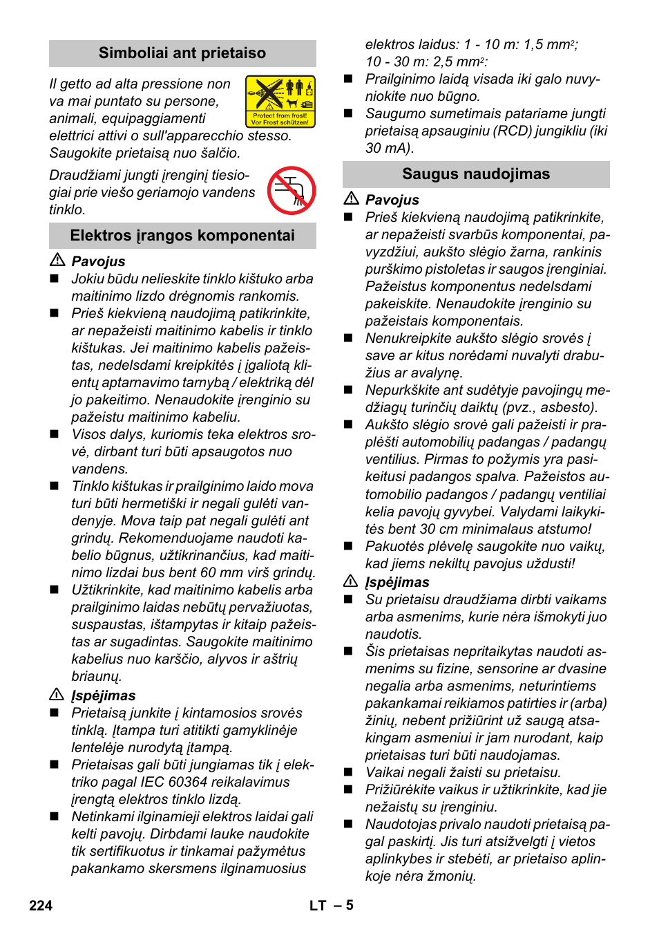 Simboliai ant prietaiso, Elektros įrangos komponentai, Saugus naudojimas | Karcher K 2 Car User Manual | Page 224 / 252
