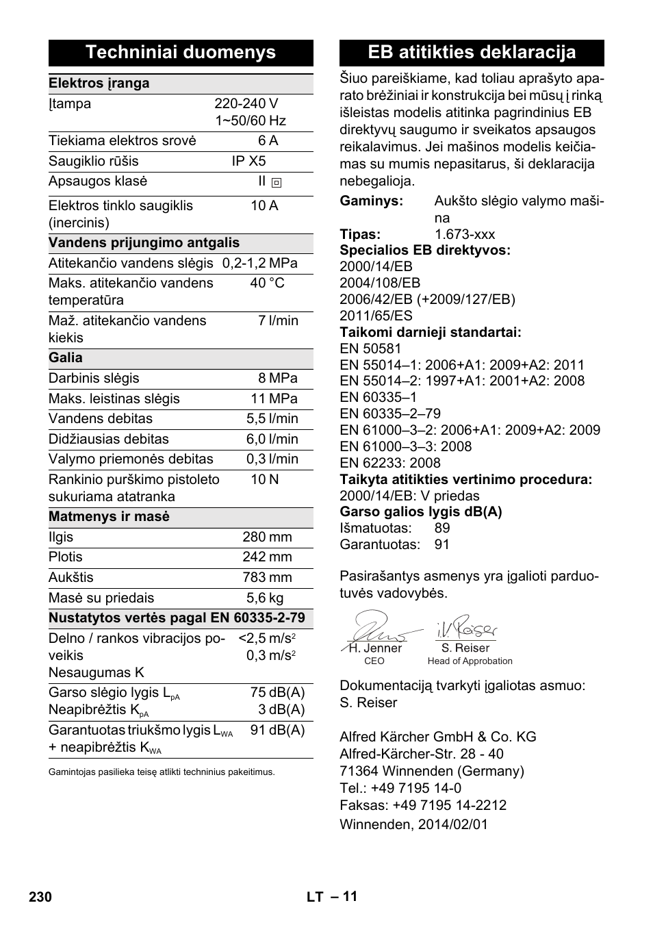Techniniai duomenys, Eb atitikties deklaracija | Karcher K 2 Car User Manual | Page 230 / 252