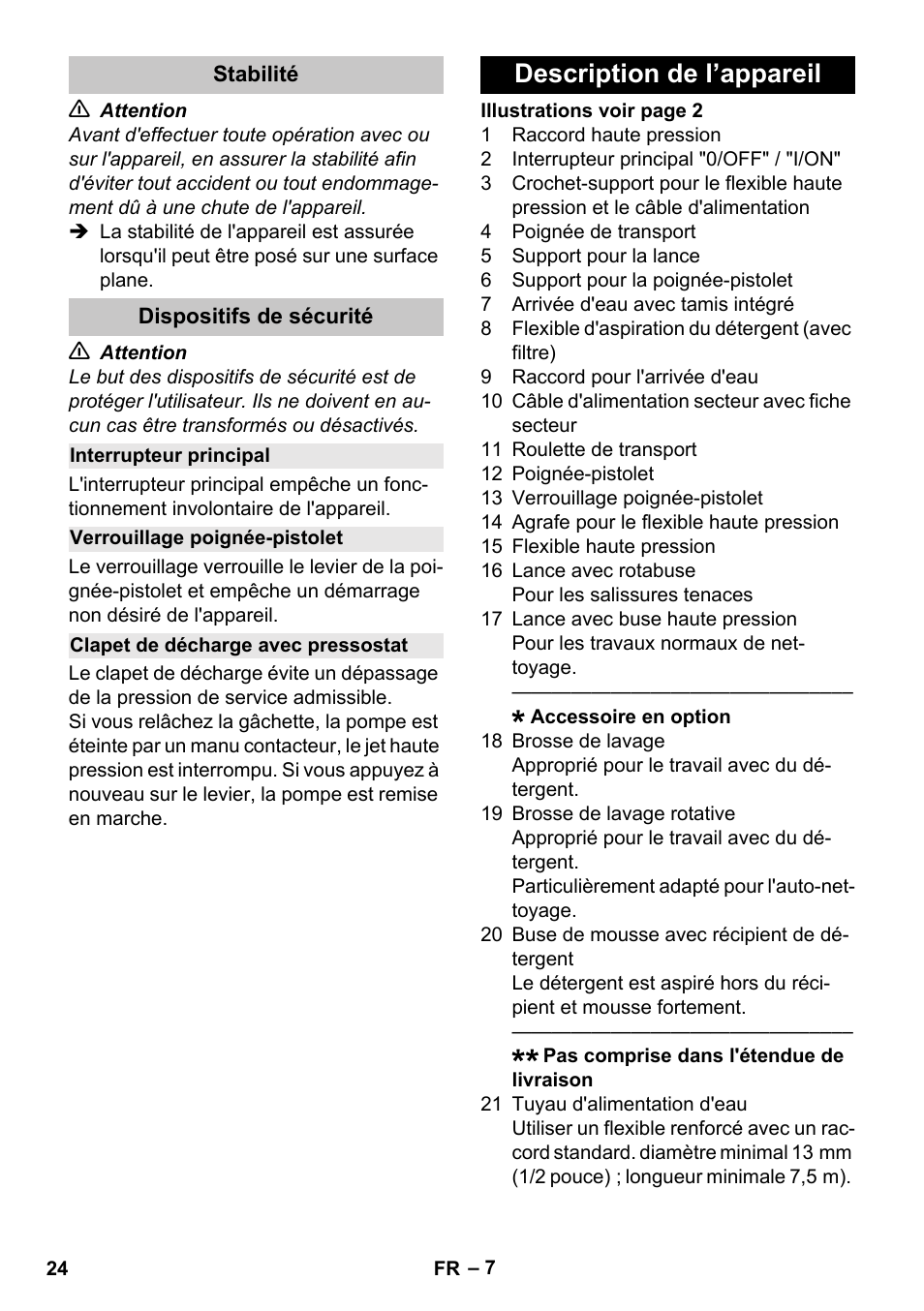 Stabilité, Dispositifs de sécurité, Interrupteur principal | Verrouillage poignée-pistolet, Clapet de décharge avec pressostat, Description de l’appareil | Karcher K 2 Car User Manual | Page 24 / 252