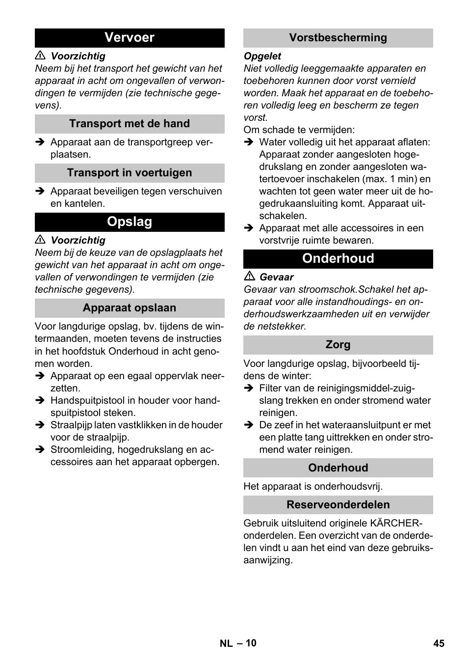 Vervoer, Transport met de hand, Transport in voertuigen | Opslag, Apparaat opslaan, Vorstbescherming, Onderhoud, Zorg, Reserveonderdelen | Karcher K 2 Car User Manual | Page 45 / 252