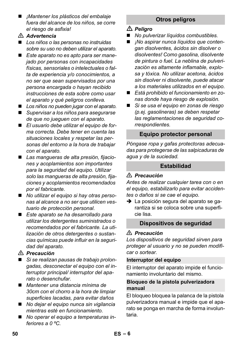 Otros peligros, Equipo protector personal, Estabilidad | Dispositivos de seguridad, Interruptor del equipo, Bloqueo de la pistola pulverizadora manual | Karcher K 2 Car User Manual | Page 50 / 252