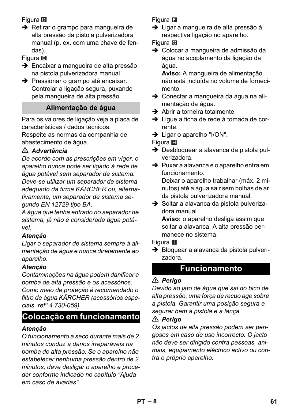 Alimentação de água, Colocação em funcionamento, Funcionamento | Colocação em funcionamento funcionamento | Karcher K 2 Car User Manual | Page 61 / 252