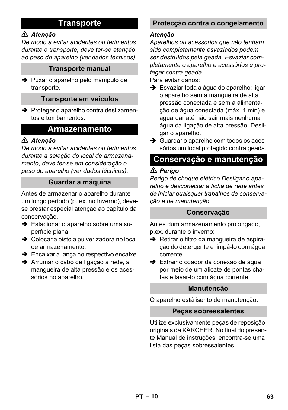 Transporte, Transporte manual, Transporte em veículos | Armazenamento, Guardar a máquina, Protecção contra o congelamento, Conservação e manutenção, Conservação, Manutenção, Peças sobressalentes | Karcher K 2 Car User Manual | Page 63 / 252