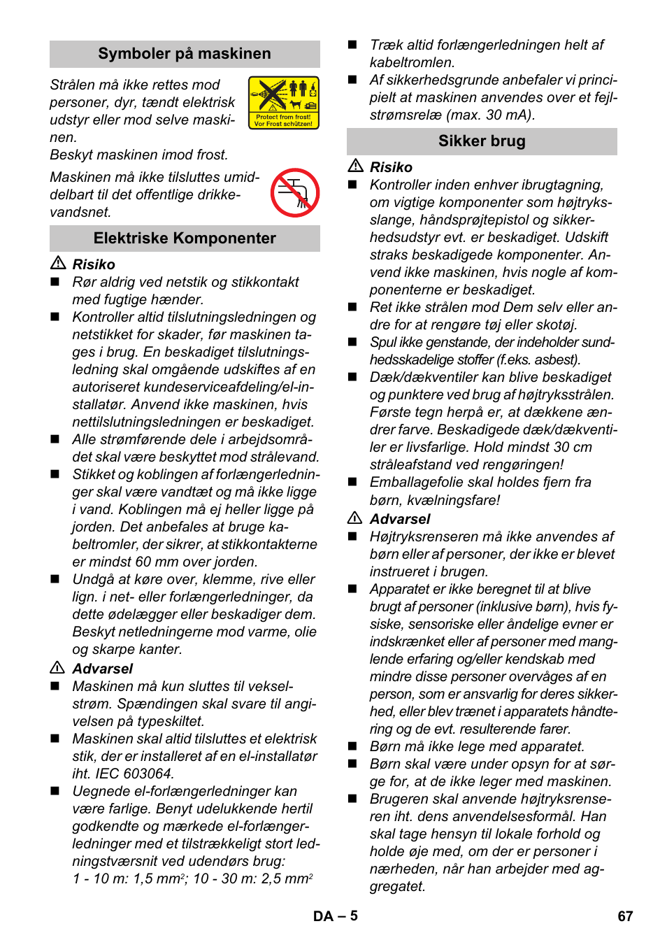 Symboler på maskinen, Elektriske komponenter, Sikker brug | Karcher K 2 Car User Manual | Page 67 / 252