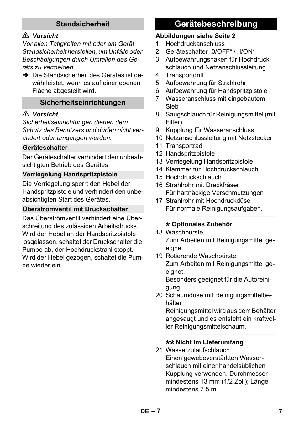 Standsicherheit, Sicherheitseinrichtungen, Geräteschalter | Verriegelung handspritzpistole, Überströmventil mit druckschalter, Gerätebeschreibung | Karcher K 2 Car User Manual | Page 7 / 252