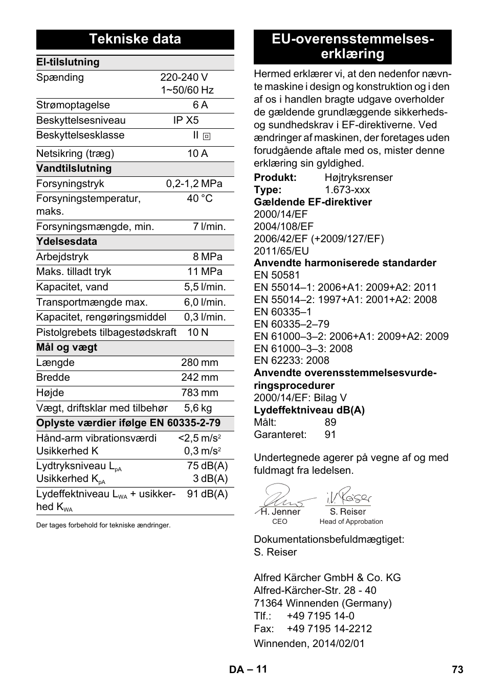 Tekniske data, Eu-overensstemmelses- erklæring | Karcher K 2 Car User Manual | Page 73 / 252