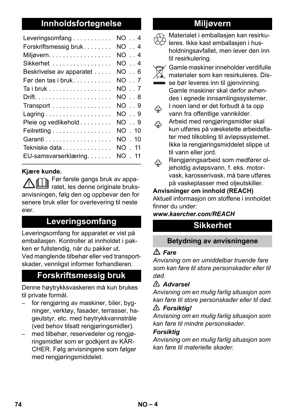 Norsk, Innholdsfortegnelse, Leveringsomfang | Forskriftsmessig bruk, Miljøvern, Sikkerhet, Betydning av anvisningene | Karcher K 2 Car User Manual | Page 74 / 252