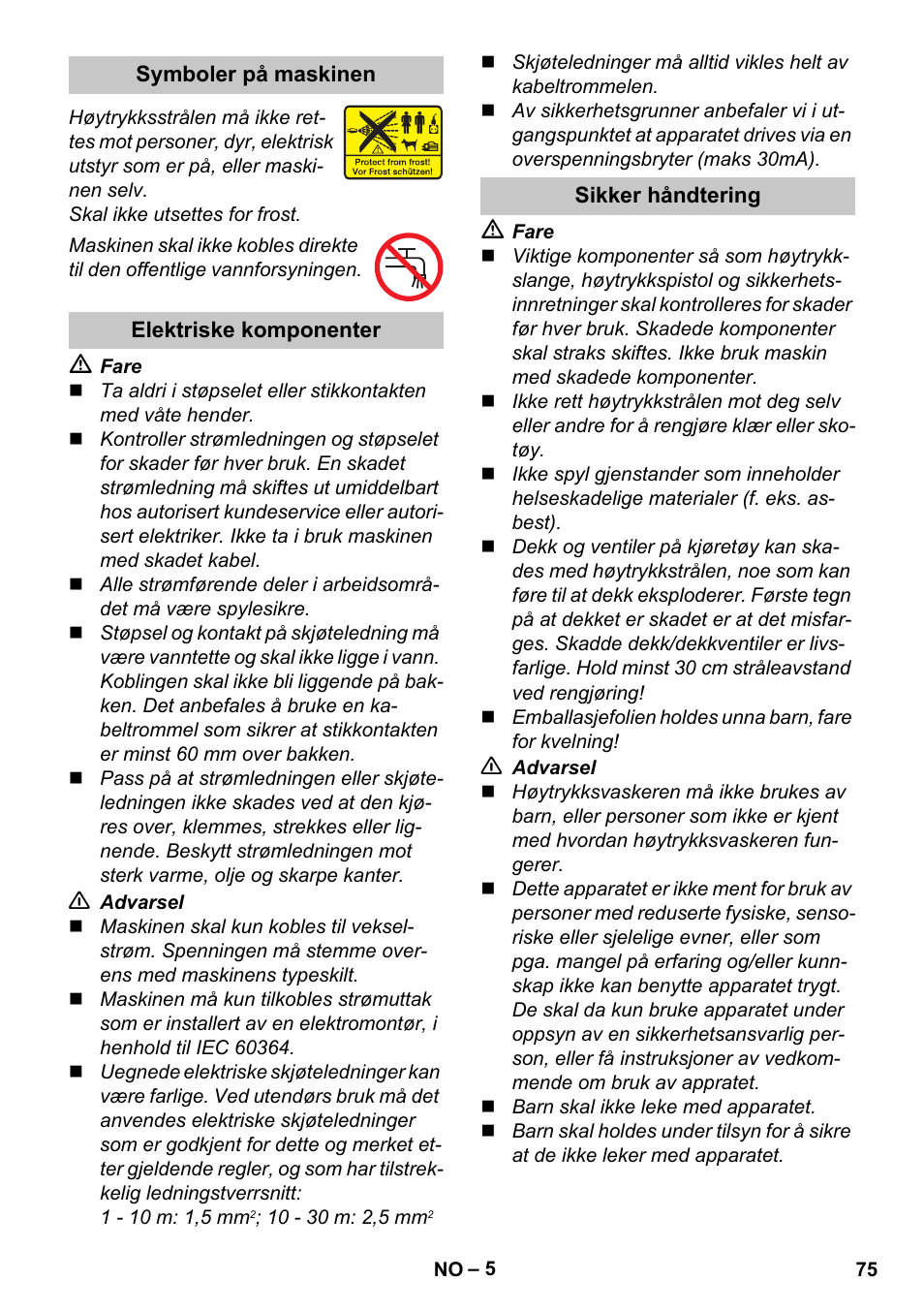 Symboler på maskinen, Elektriske komponenter, Sikker håndtering | Karcher K 2 Car User Manual | Page 75 / 252