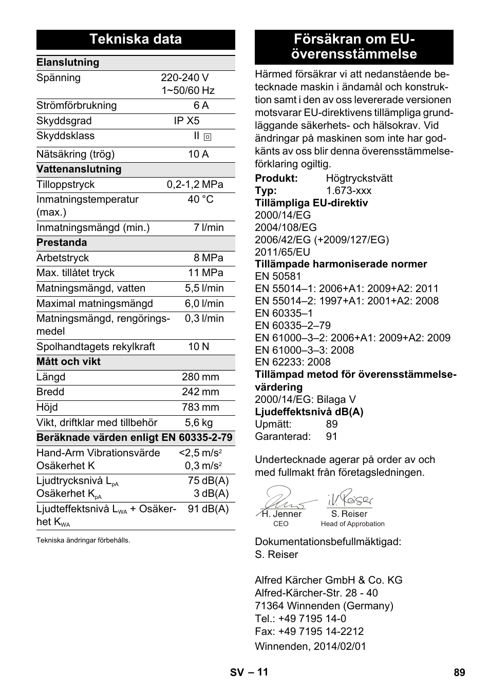Tekniska data, Försäkran om eu- överensstämmelse | Karcher K 2 Car User Manual | Page 89 / 252