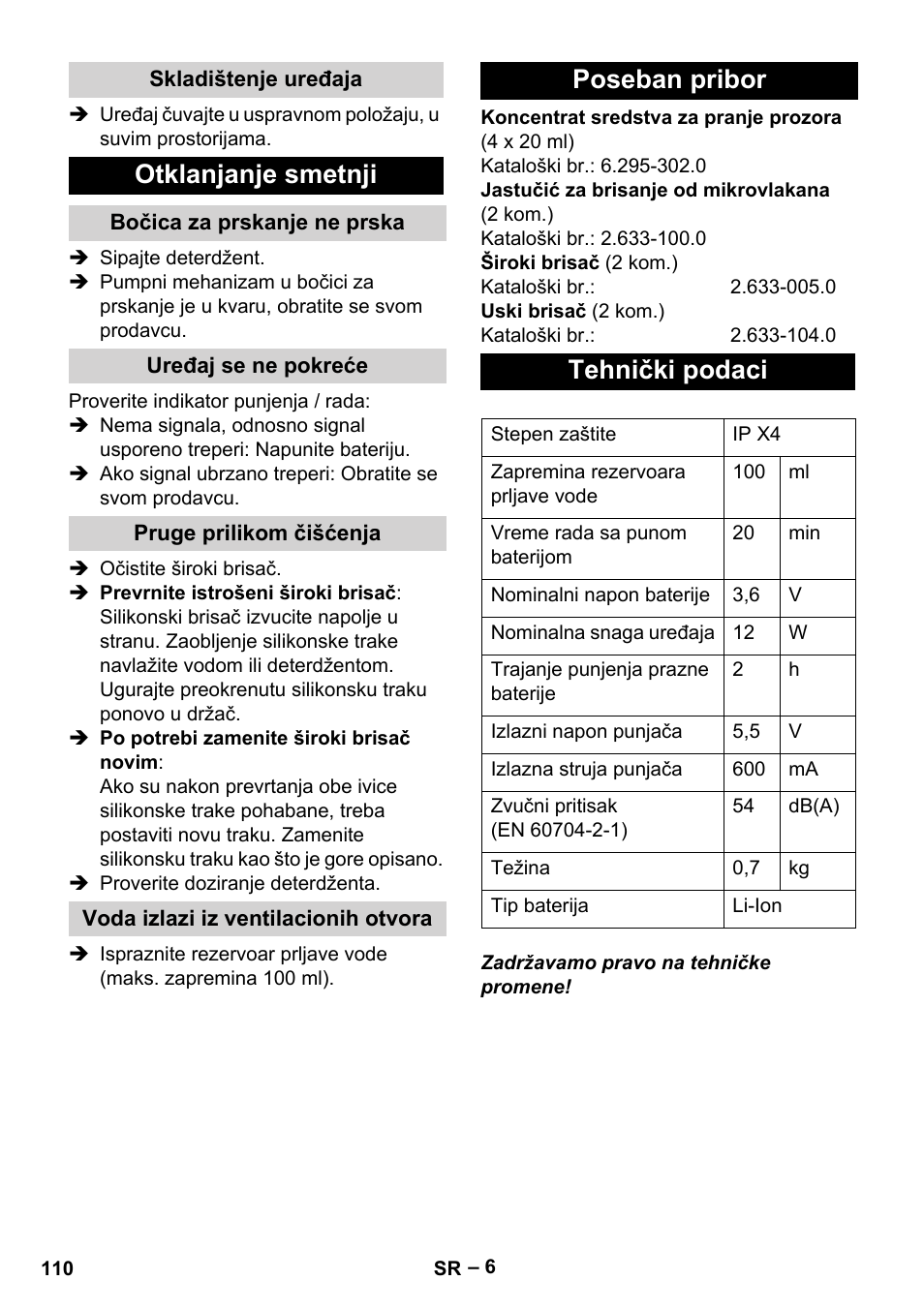 Otklanjanje smetnji, Poseban pribor tehnički podaci | Karcher WV 75 plus User Manual | Page 110 / 144