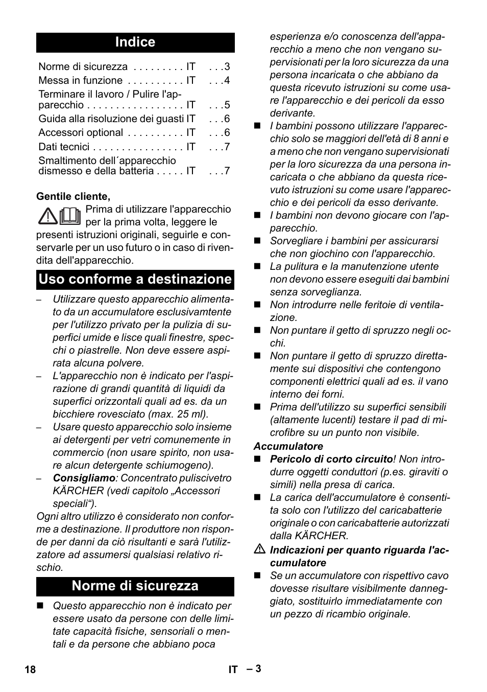 Italiano, Indice, Uso conforme a destinazione norme di sicurezza | Karcher WV 75 plus User Manual | Page 18 / 144