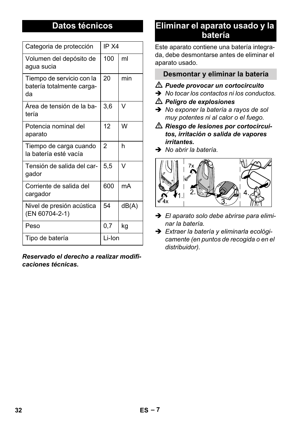 Datos técnicos, Eliminar el aparato usado y la batería | Karcher WV 75 plus User Manual | Page 32 / 144
