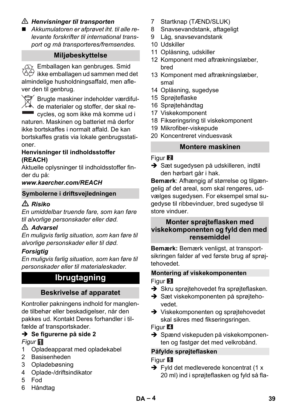 Ibrugtagning | Karcher WV 75 plus User Manual | Page 39 / 144