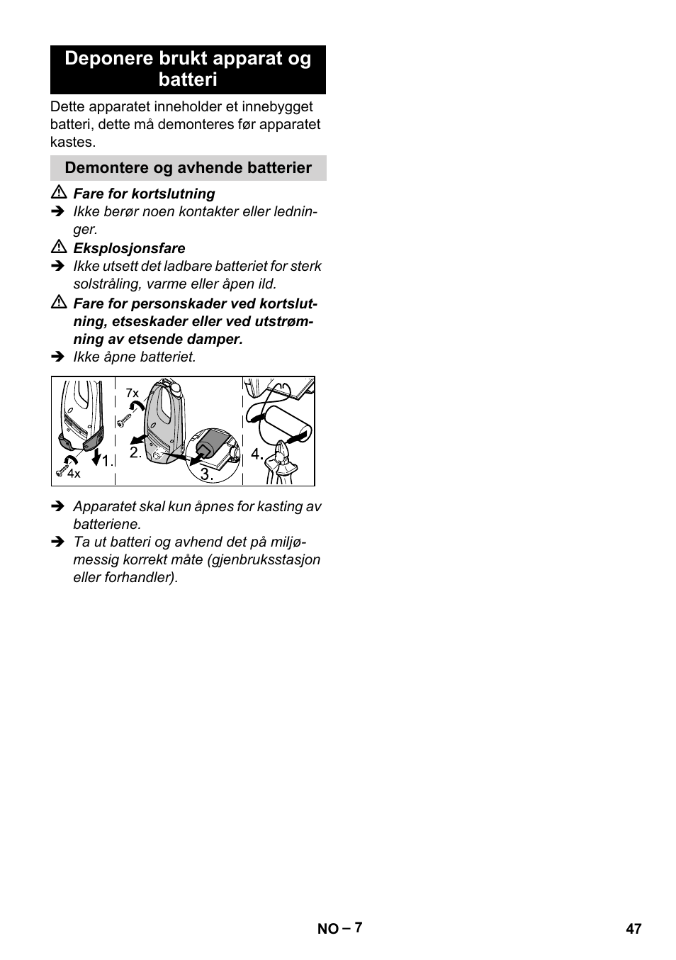 Deponere brukt apparat og batteri | Karcher WV 75 plus User Manual | Page 47 / 144