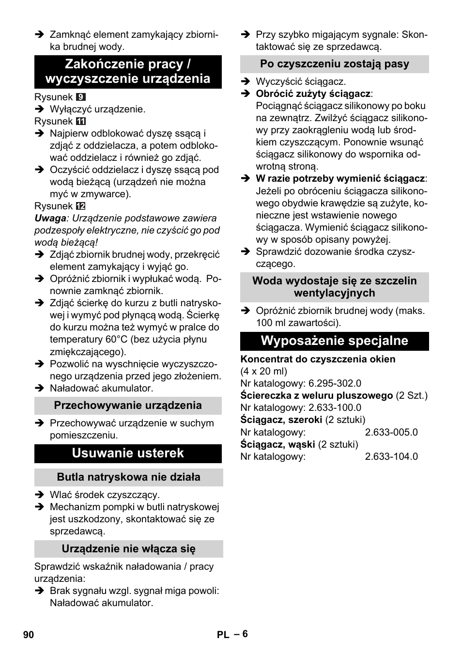 Zakończenie pracy / wyczyszczenie urządzenia, Usuwanie usterek, Wyposażenie specjalne | Karcher WV 75 plus User Manual | Page 90 / 144
