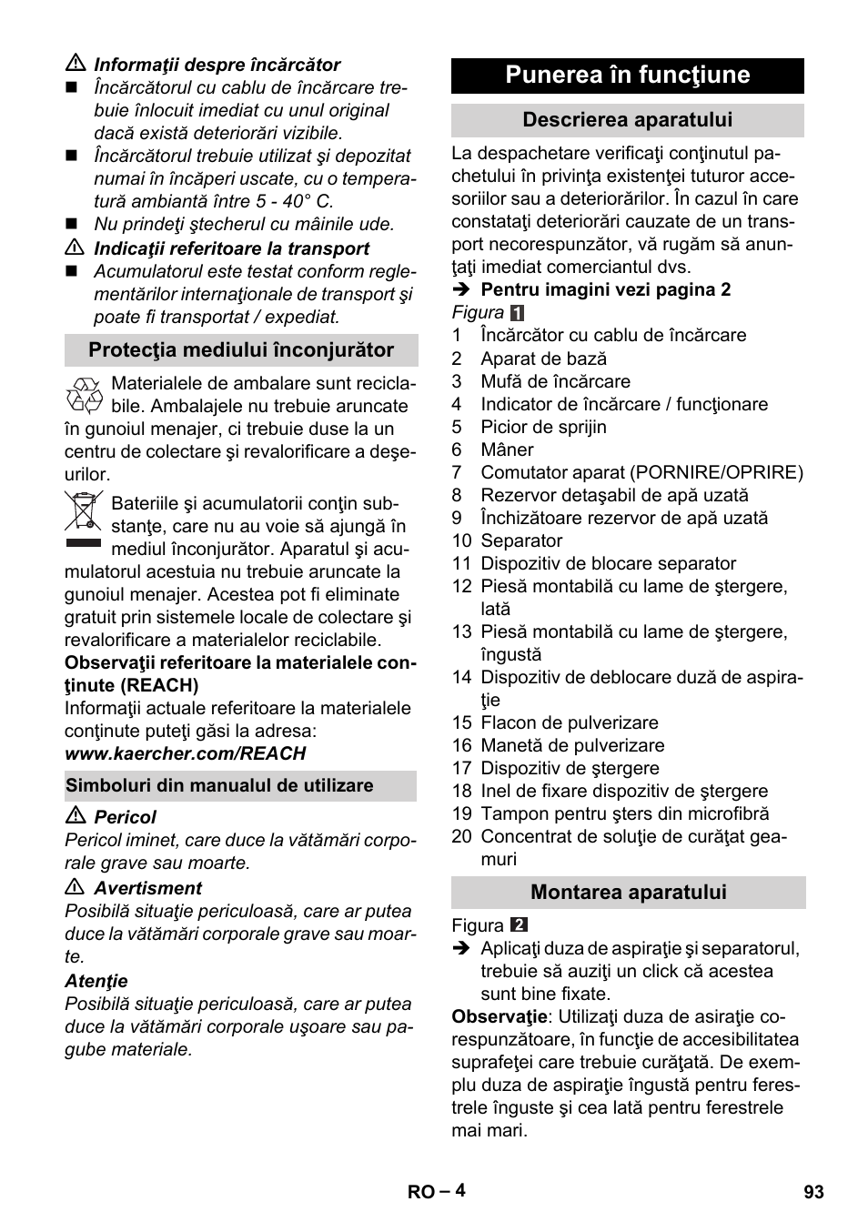 Punerea în funcţiune | Karcher WV 75 plus User Manual | Page 93 / 144