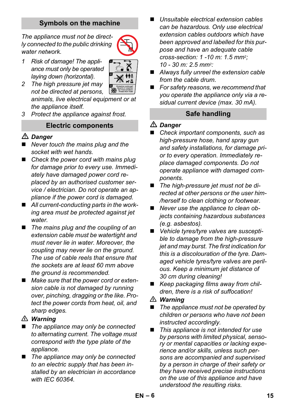 Symbols on the machine, Electric components, Safe handling | Karcher K 4 Compact Car User Manual | Page 15 / 46