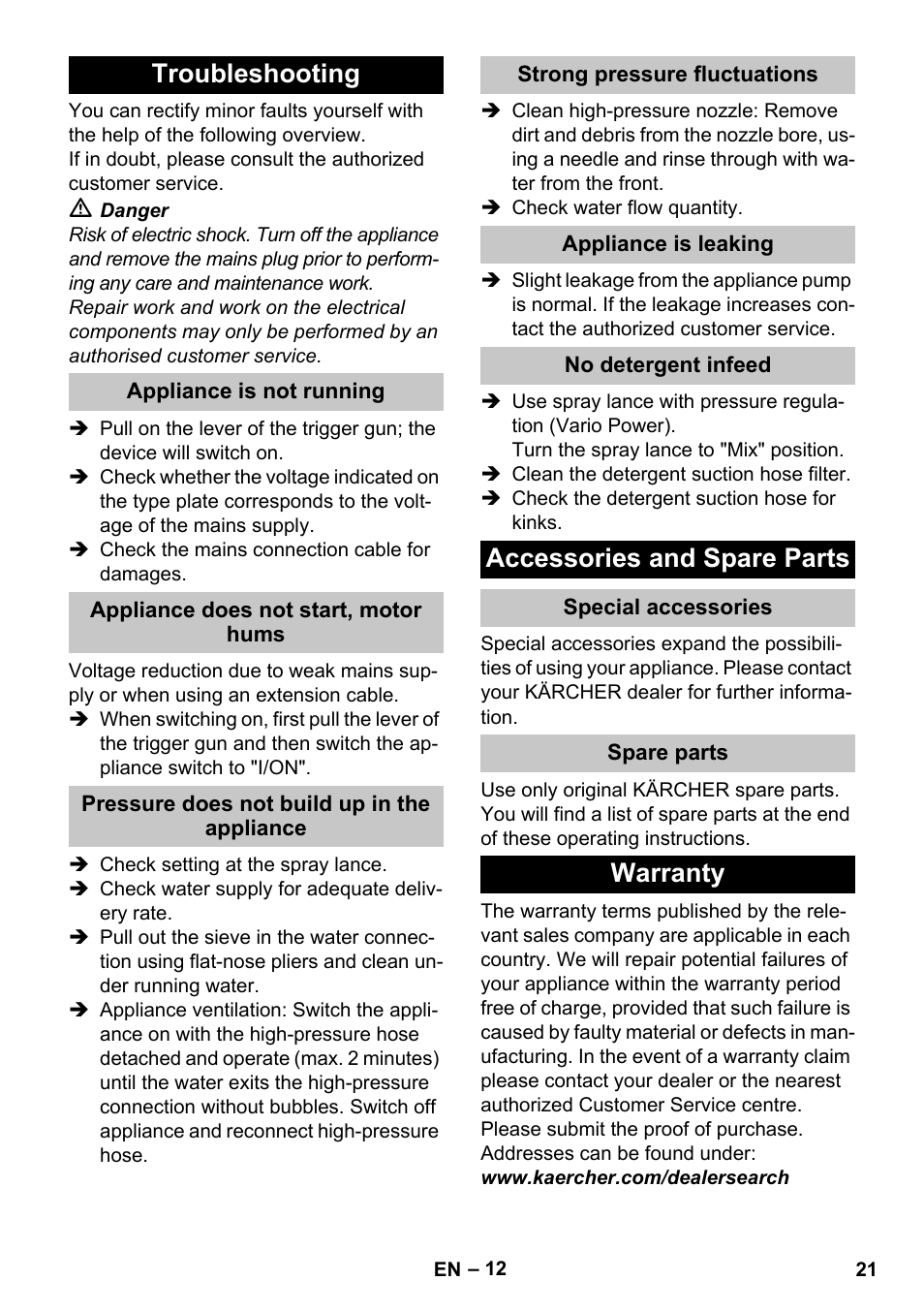 Troubleshooting, Appliance is not running, Appliance does not start, motor hums | Pressure does not build up in the appliance, Strong pressure fluctuations, Appliance is leaking, No detergent infeed, Accessories and spare parts, Special accessories, Spare parts | Karcher K 4 Compact Car User Manual | Page 21 / 46