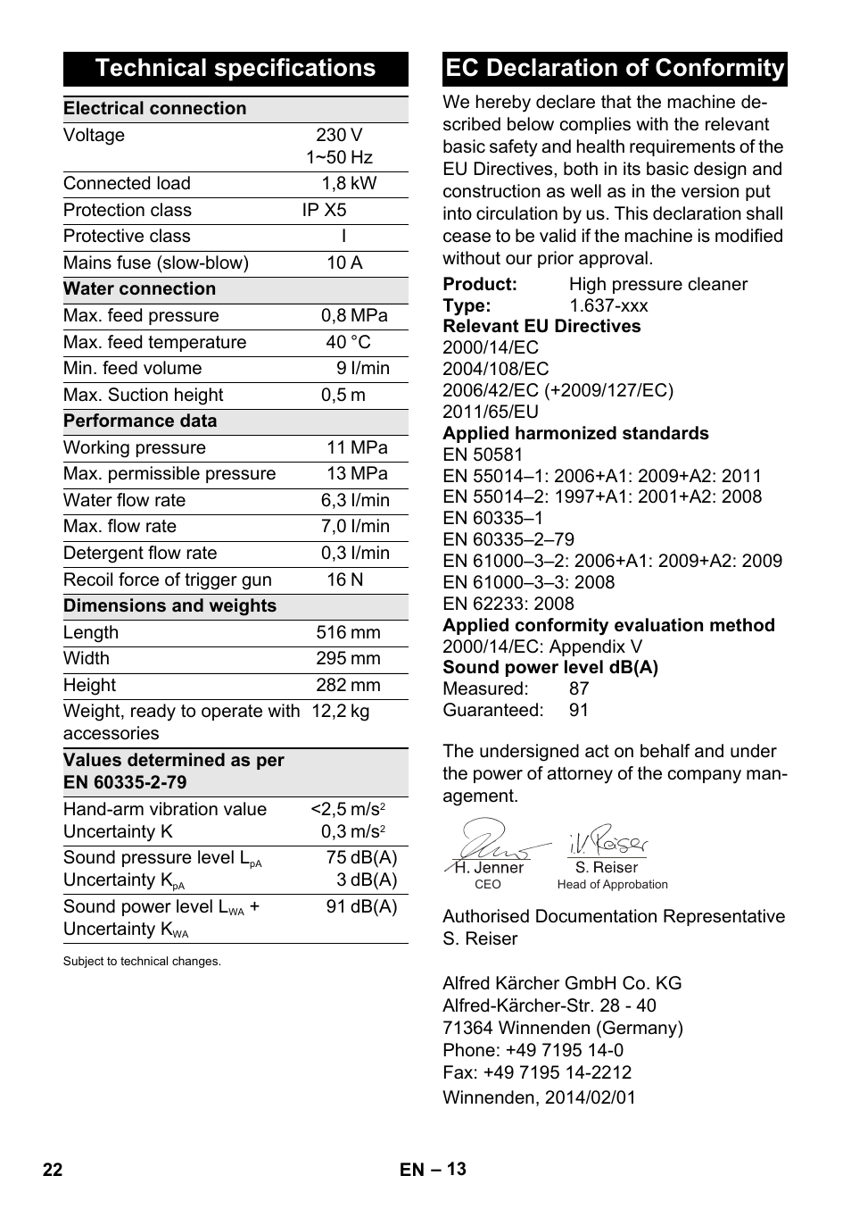 Technical specifications, Ec declaration of conformity | Karcher K 4 Compact Car User Manual | Page 22 / 46