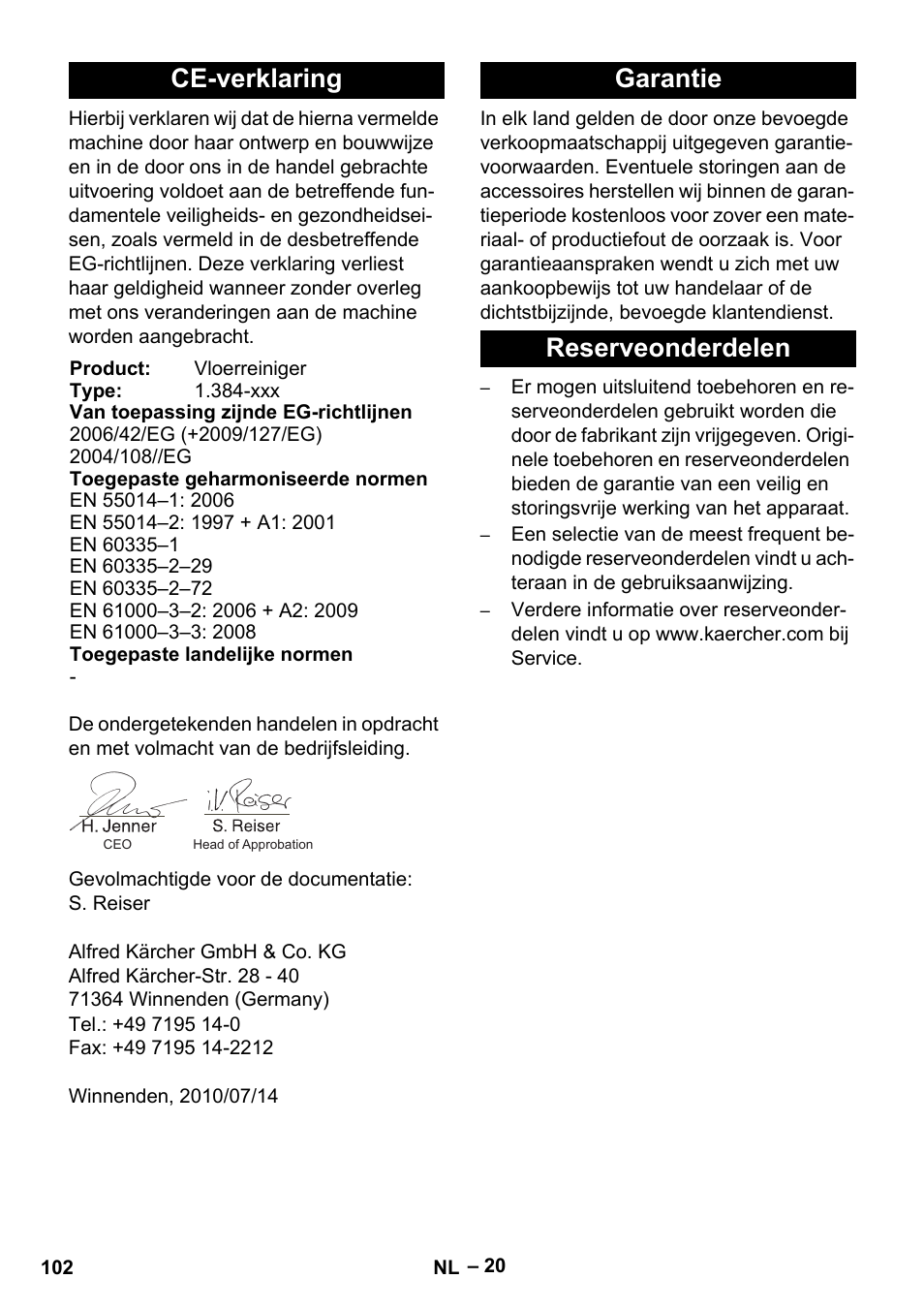 Ce-verklaring, Garantie reserveonderdelen | Karcher B 60 W Bp Pack User Manual | Page 102 / 550