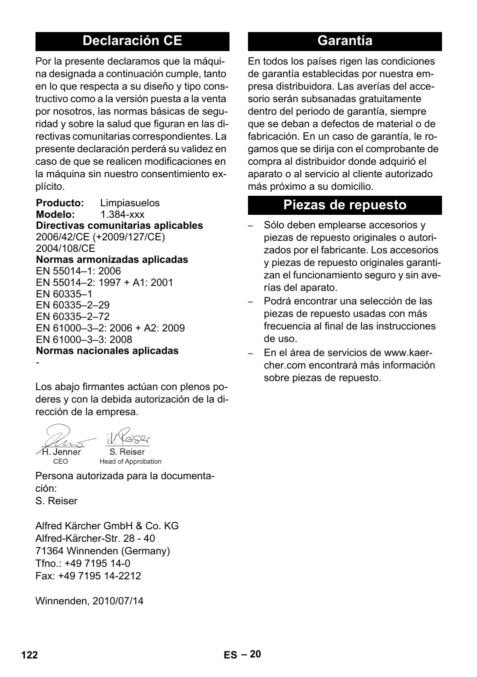 Declaración ce, Garantía piezas de repuesto | Karcher B 60 W Bp Pack User Manual | Page 122 / 550