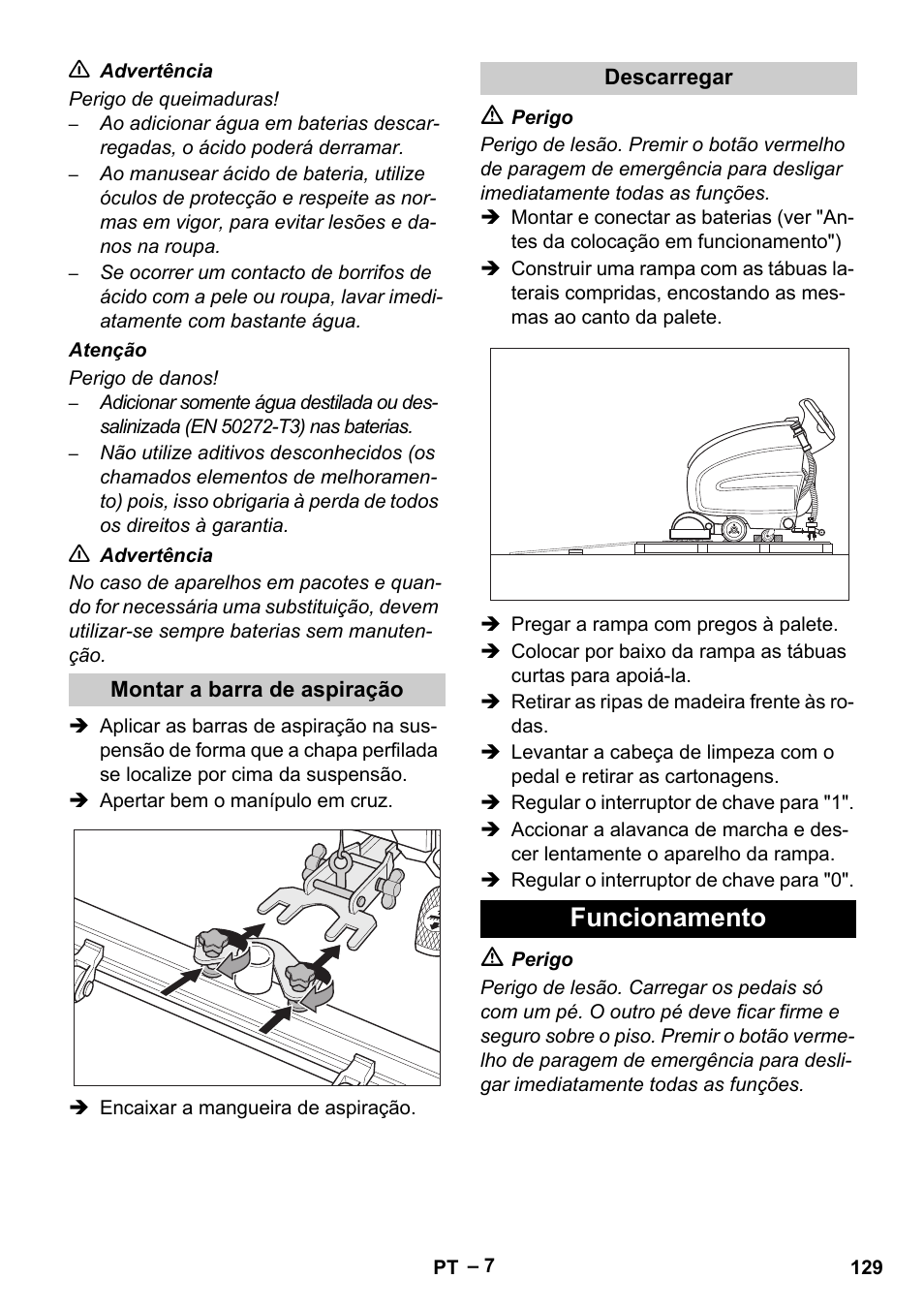 Funcionamento | Karcher B 60 W Bp Pack User Manual | Page 129 / 550