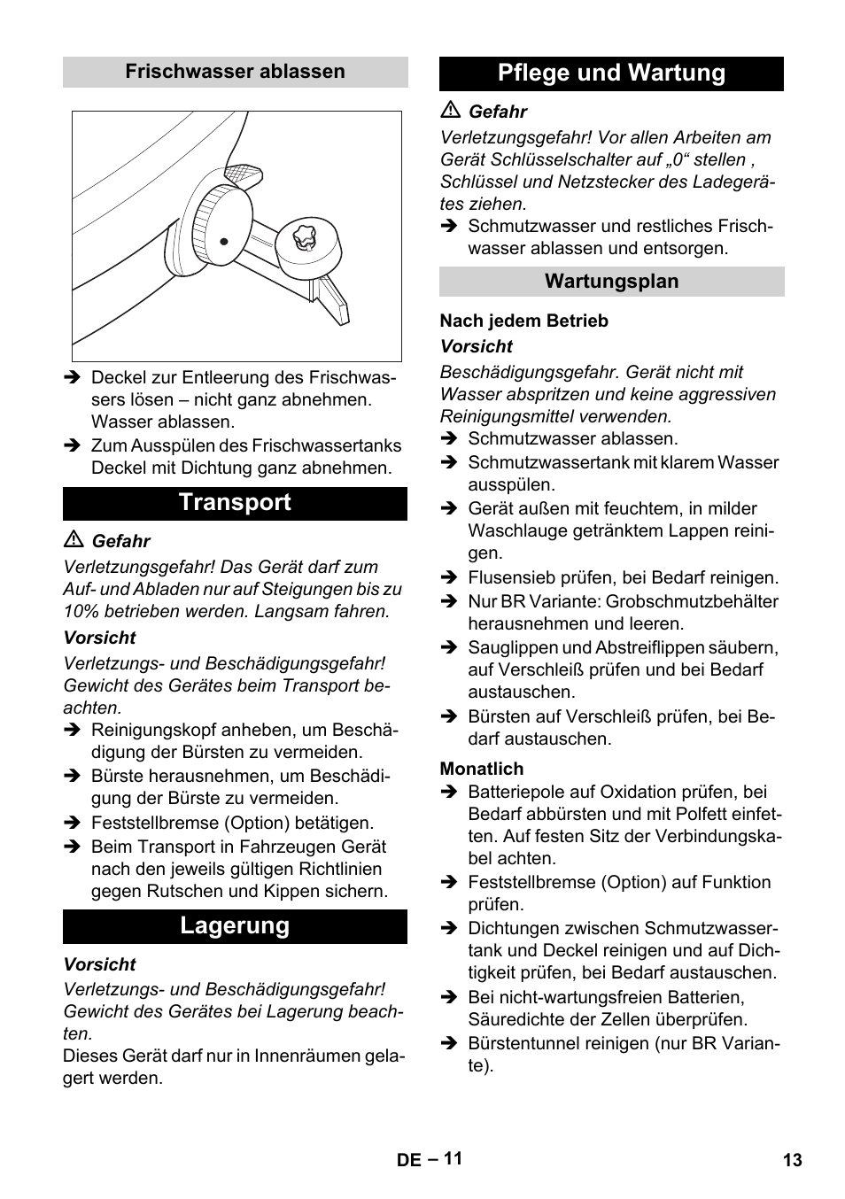 Transport lagerung pflege und wartung | Karcher B 60 W Bp Pack User Manual | Page 13 / 550