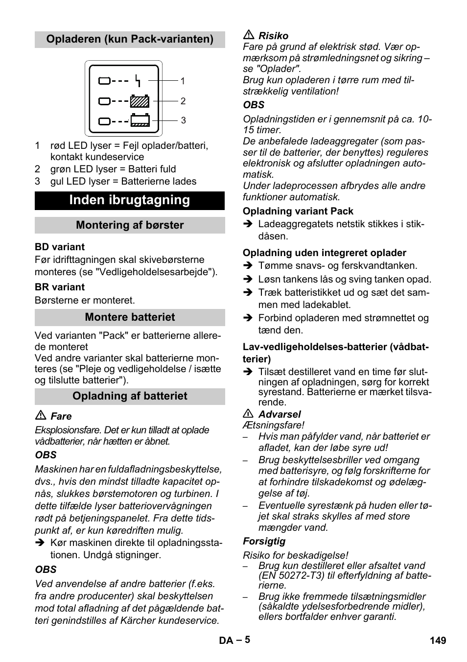 Inden ibrugtagning | Karcher B 60 W Bp Pack User Manual | Page 149 / 550