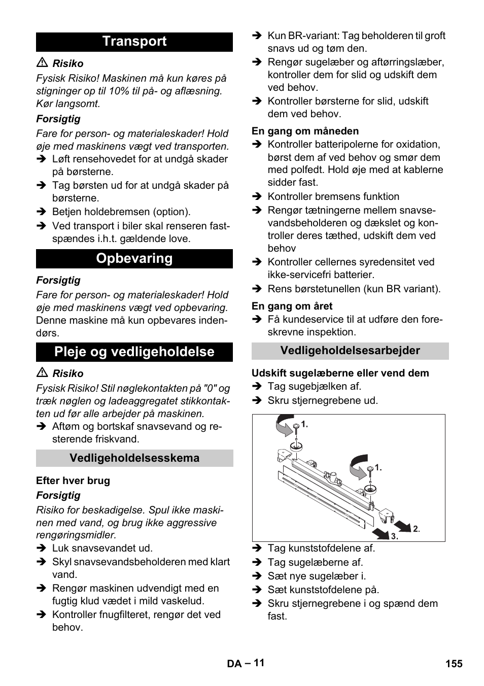 Transport opbevaring pleje og vedligeholdelse | Karcher B 60 W Bp Pack User Manual | Page 155 / 550