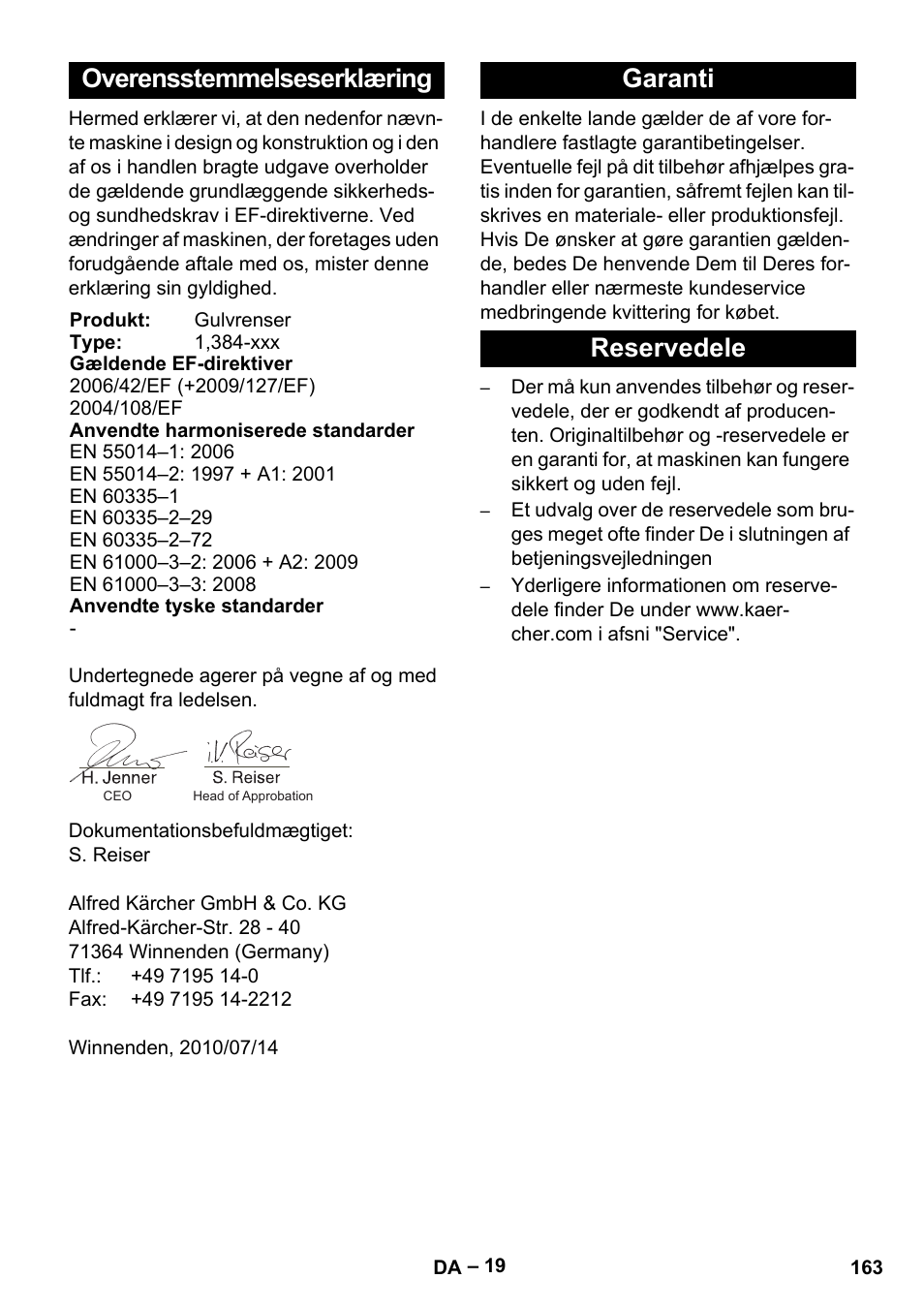 Overensstemmelseserklæring, Garanti reservedele | Karcher B 60 W Bp Pack User Manual | Page 163 / 550