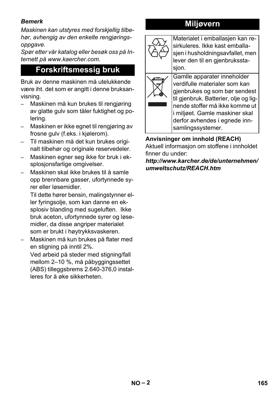 Forskriftsmessig bruk miljøvern | Karcher B 60 W Bp Pack User Manual | Page 165 / 550
