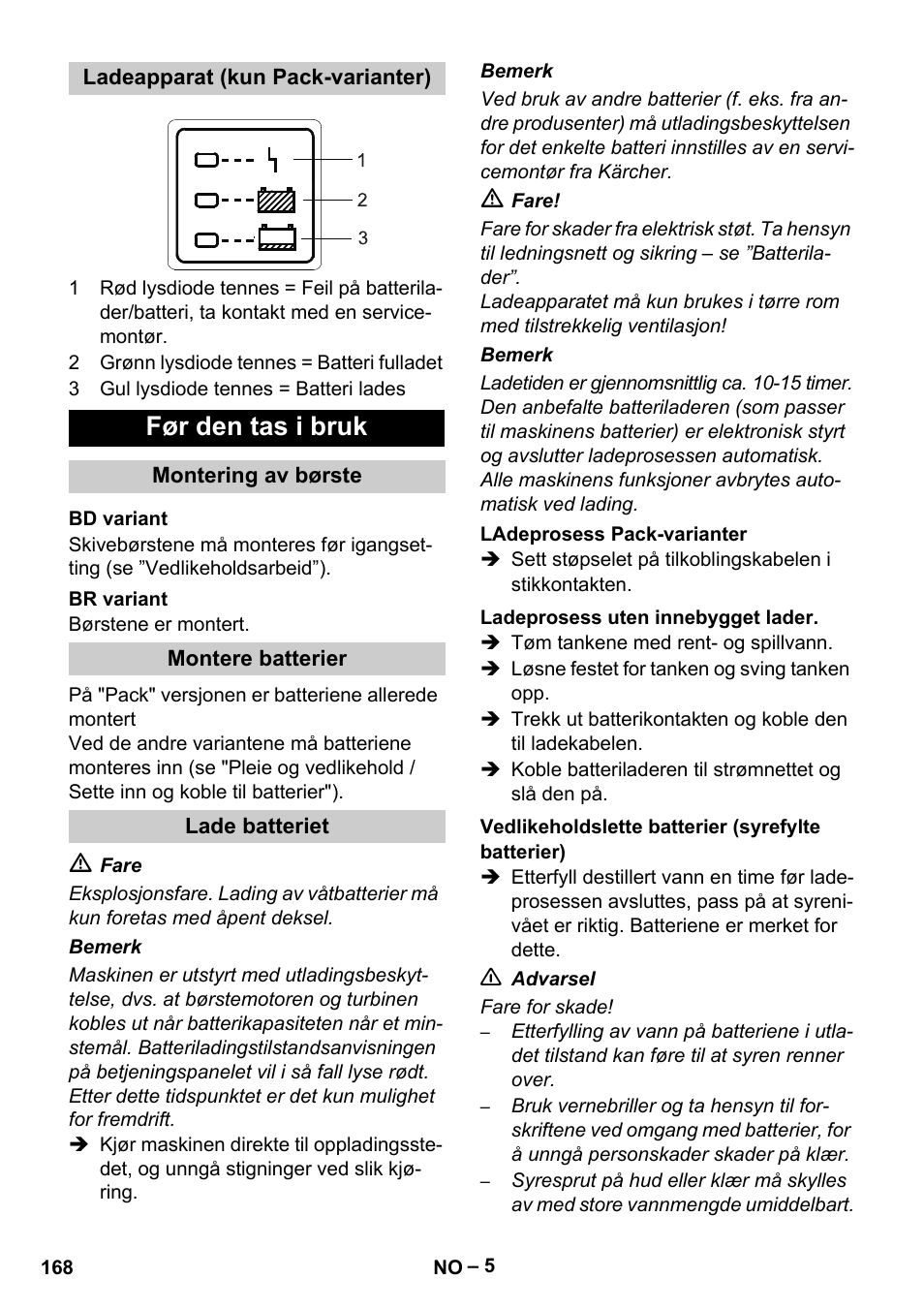 Før den tas i bruk | Karcher B 60 W Bp Pack User Manual | Page 168 / 550