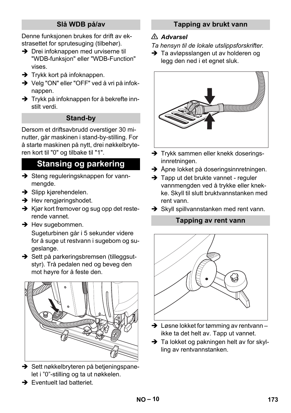 Stansing og parkering | Karcher B 60 W Bp Pack User Manual | Page 173 / 550