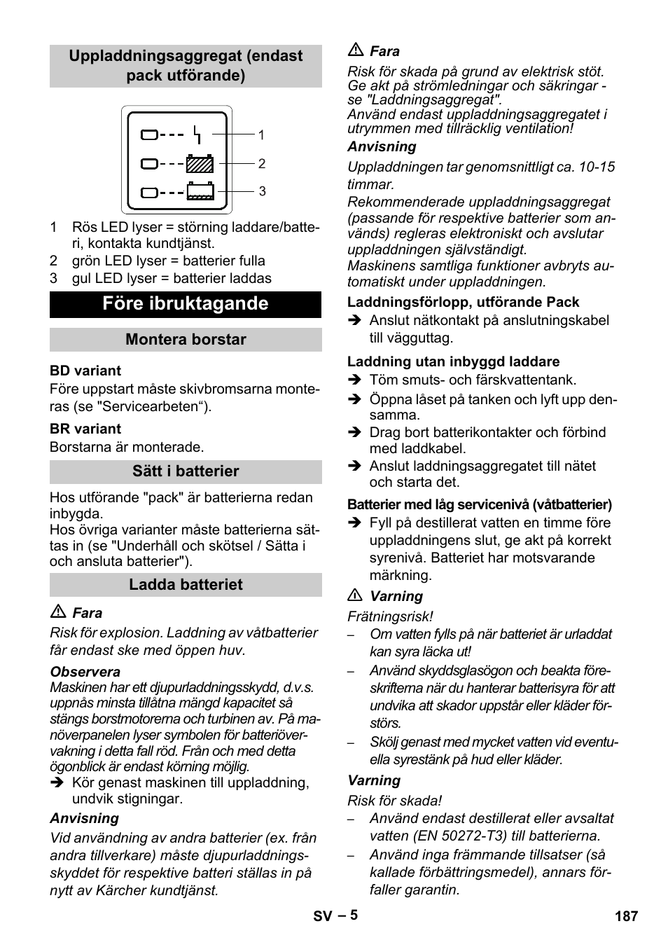 Före ibruktagande | Karcher B 60 W Bp Pack User Manual | Page 187 / 550