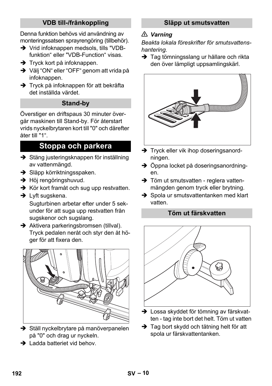 Stoppa och parkera | Karcher B 60 W Bp Pack User Manual | Page 192 / 550