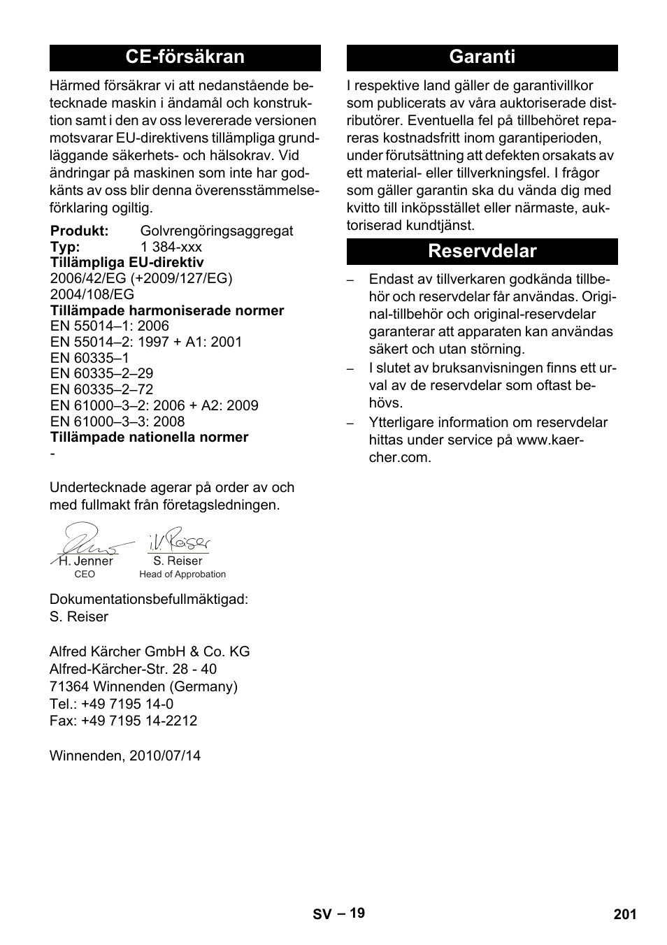 Ce-försäkran, Garanti reservdelar | Karcher B 60 W Bp Pack User Manual | Page 201 / 550
