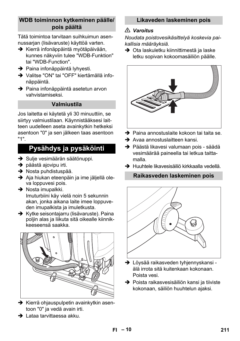 Pysähdys ja pysäköinti | Karcher B 60 W Bp Pack User Manual | Page 211 / 550
