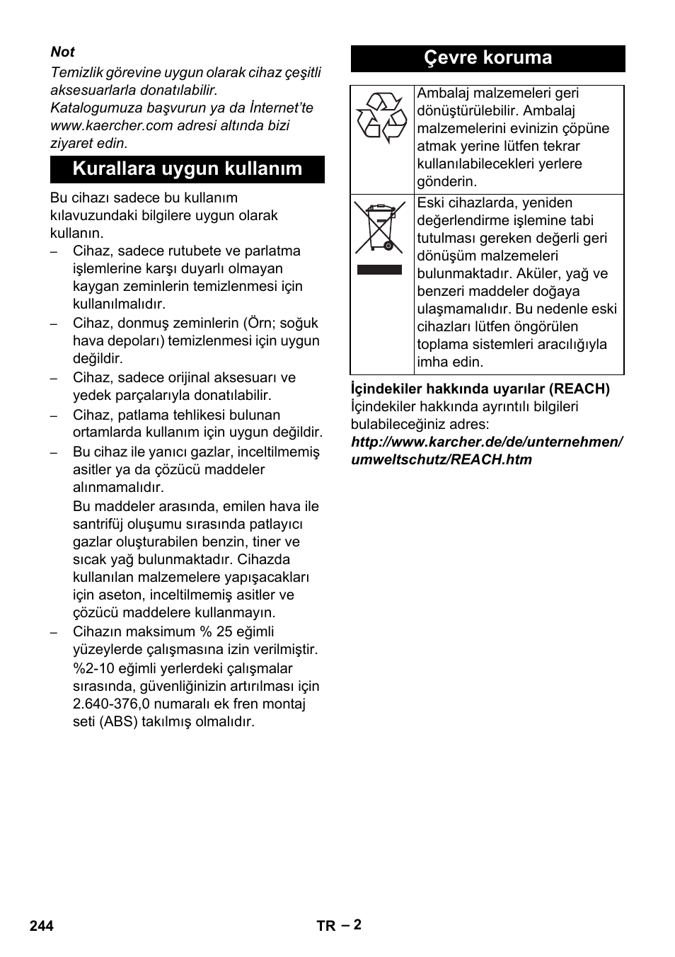 Kurallara uygun kullanım çevre koruma | Karcher B 60 W Bp Pack User Manual | Page 244 / 550