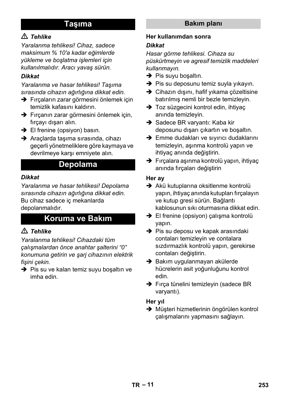 Taşıma depolama koruma ve bakım | Karcher B 60 W Bp Pack User Manual | Page 253 / 550