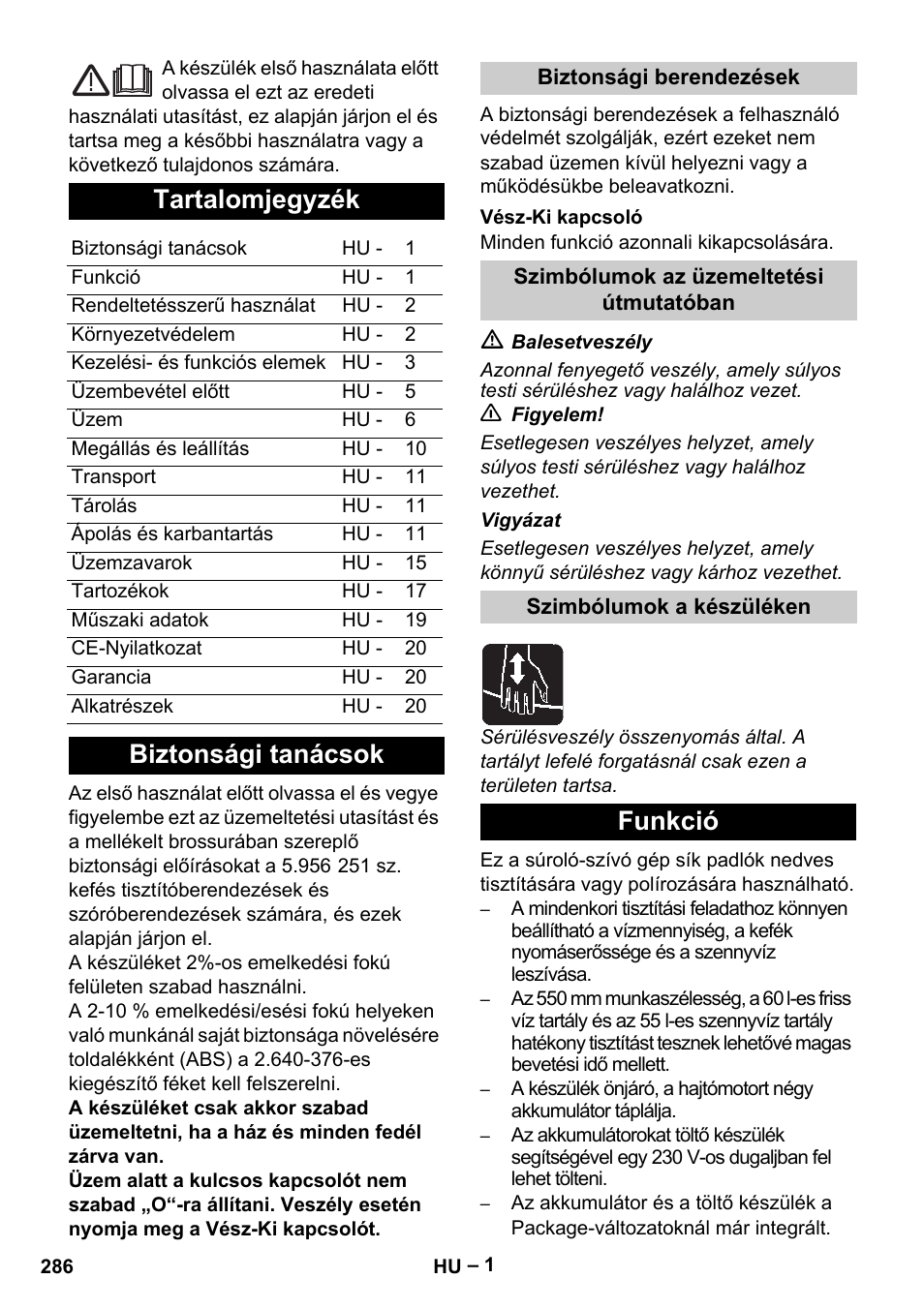 Magyar, Tartalomjegyzék, Biztonsági tanácsok | Funkció | Karcher B 60 W Bp Pack User Manual | Page 286 / 550