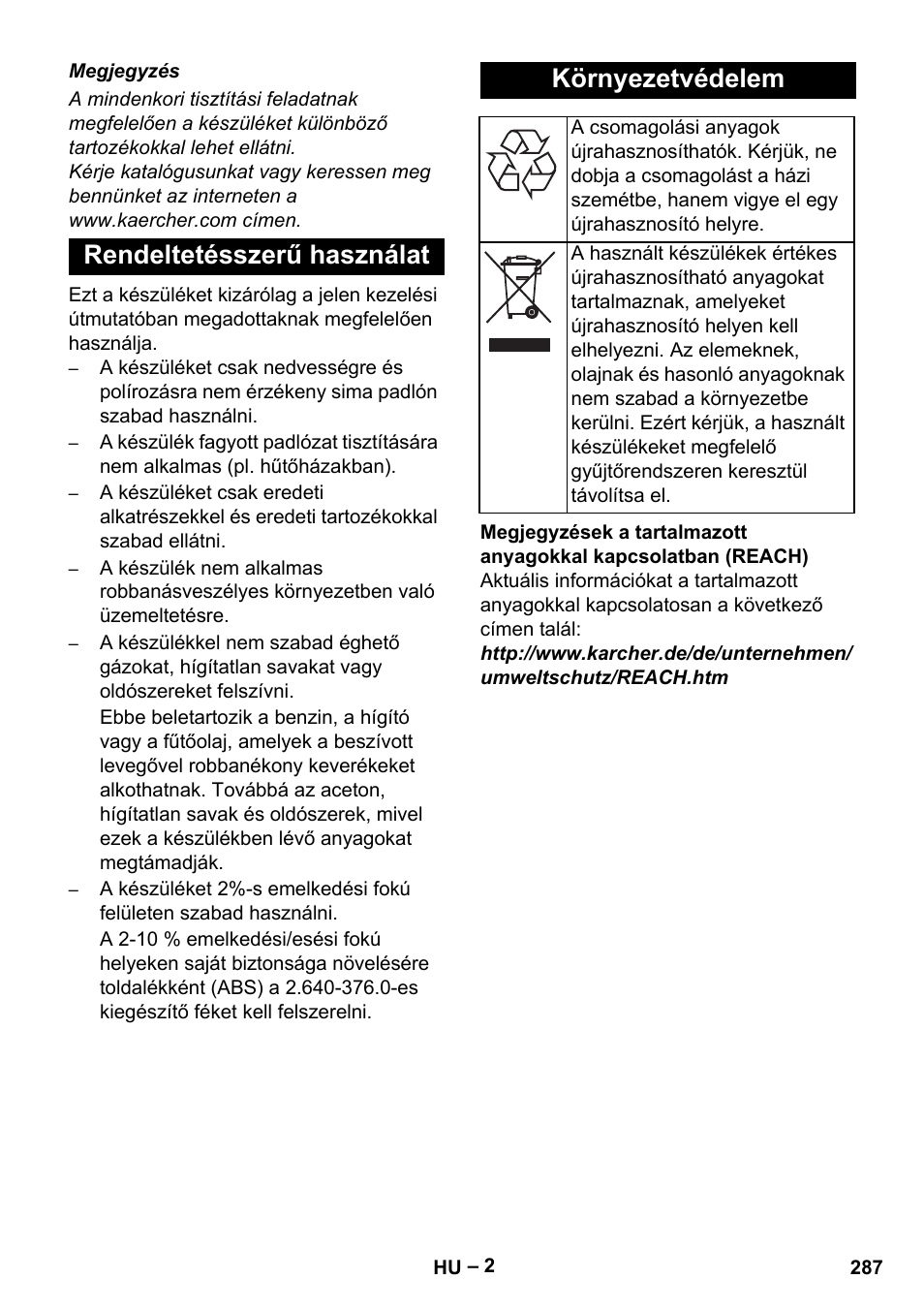Rendeltetésszerű használat környezetvédelem | Karcher B 60 W Bp Pack User Manual | Page 287 / 550