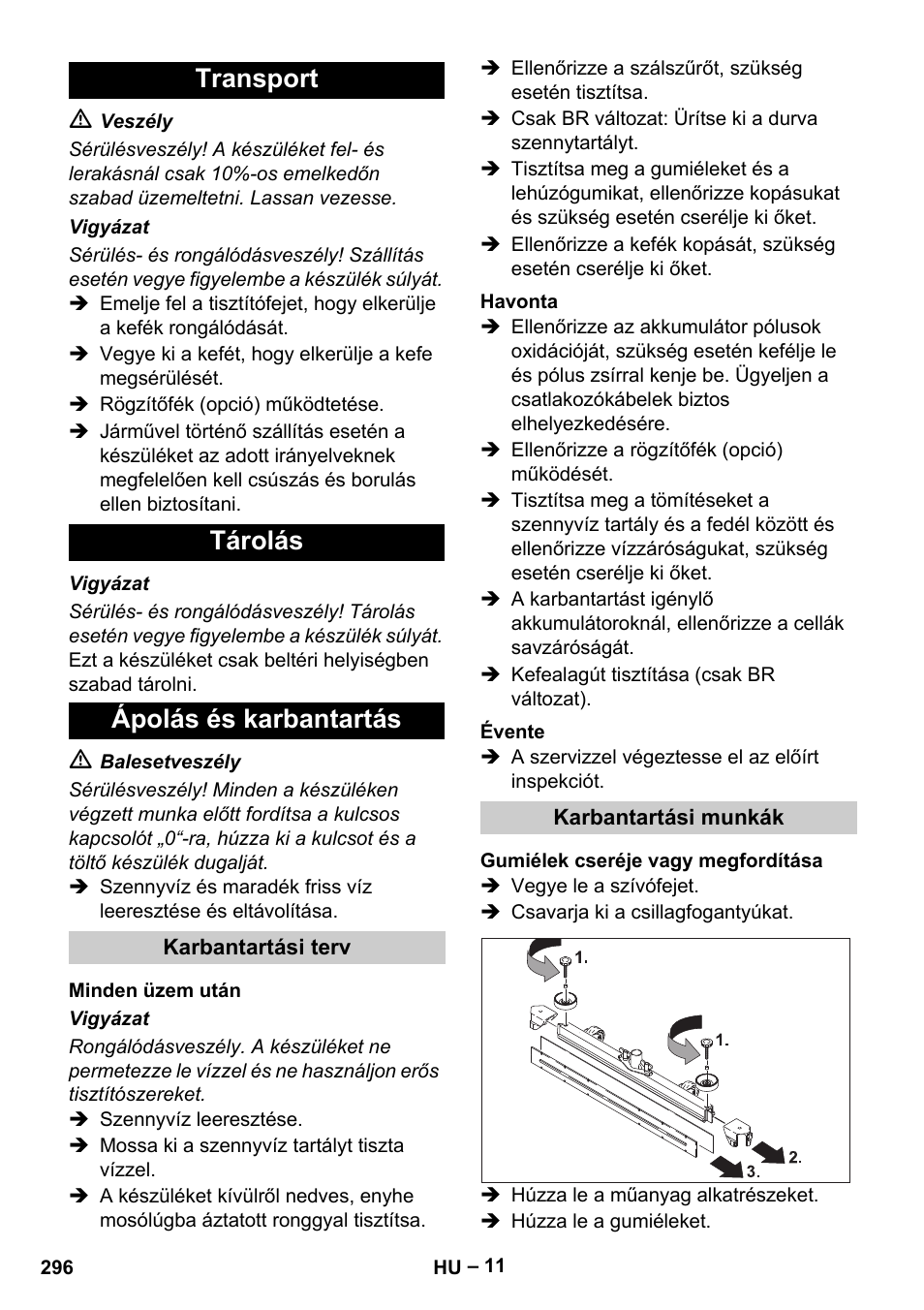 Transport tárolás ápolás és karbantartás | Karcher B 60 W Bp Pack User Manual | Page 296 / 550