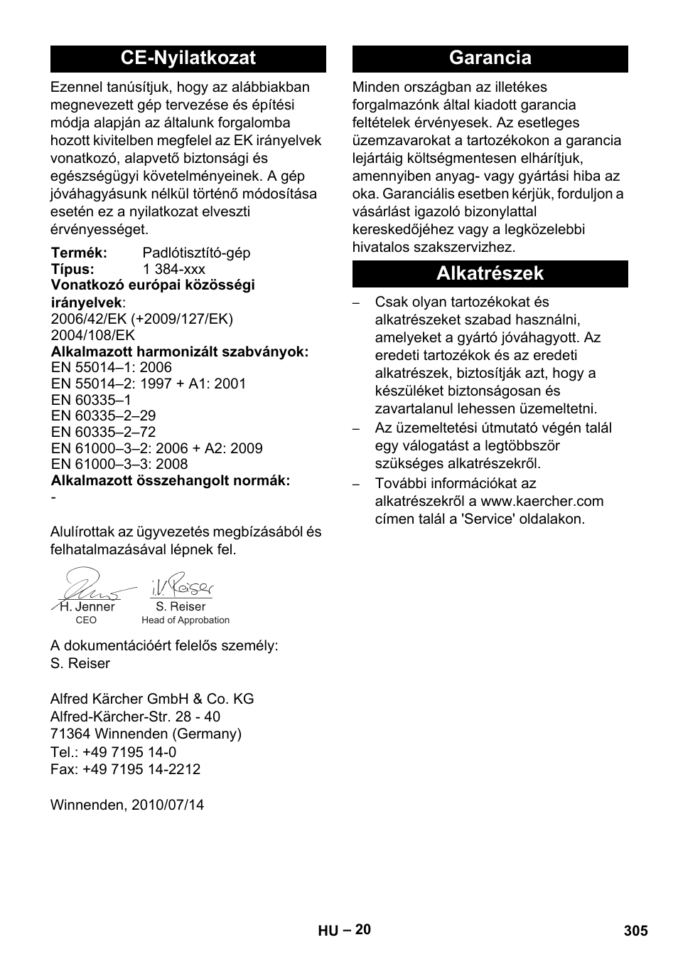 Ce-nyilatkozat, Garancia alkatrészek | Karcher B 60 W Bp Pack User Manual | Page 305 / 550
