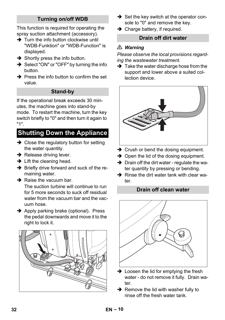 Shutting down the appliance | Karcher B 60 W Bp Pack User Manual | Page 32 / 550