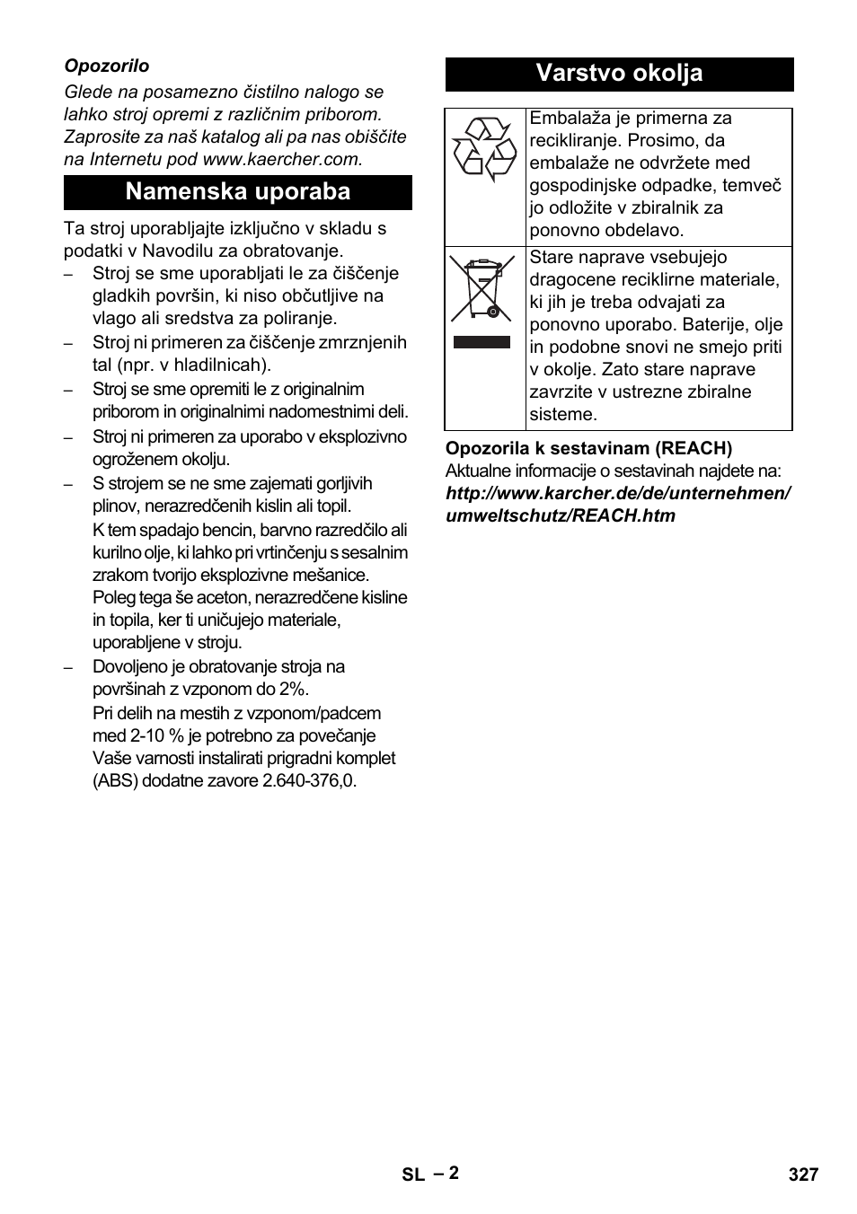 Namenska uporaba varstvo okolja | Karcher B 60 W Bp Pack User Manual | Page 327 / 550